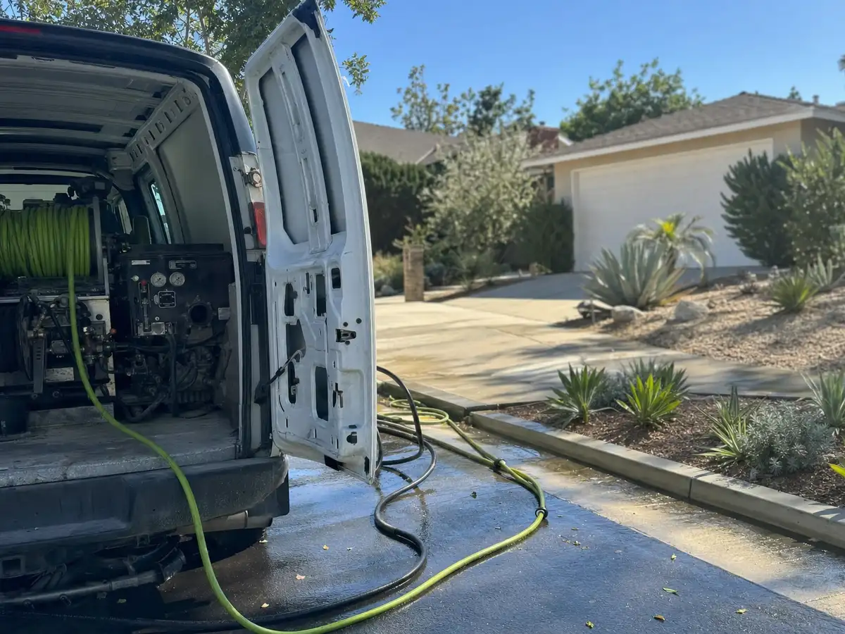 Service van arriving on a West Hills, CA street — local same-day coverage